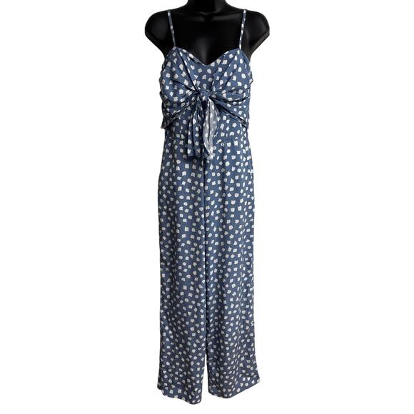 With Two Pants - WHIT TWO Blue White Polka Dot Tie Front Wide Leg Jumpsuit Romper Petite 2P